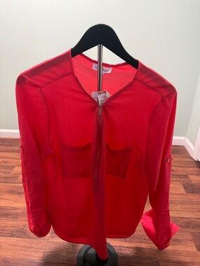 Calvin Klein Red Half-Zip Sheer Blouse